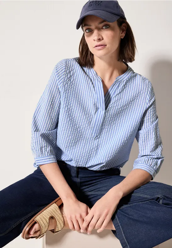 Gestreifte Seersucker Bluse mit Knopfleiste