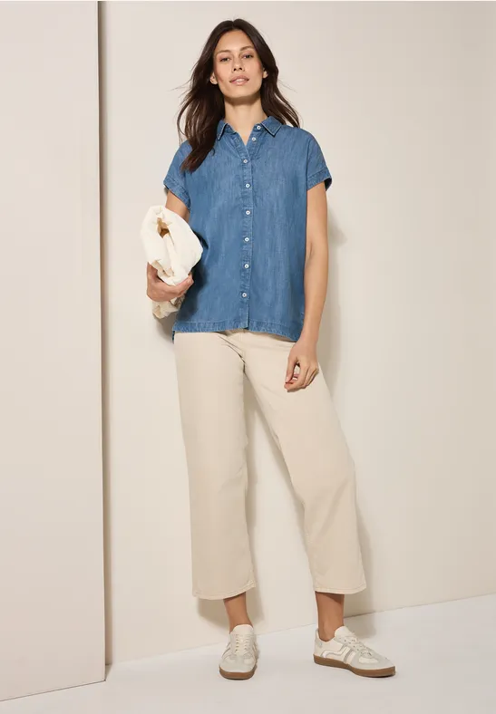 Jeansbluse aus Lyocell mit Kurzen Ärmeln