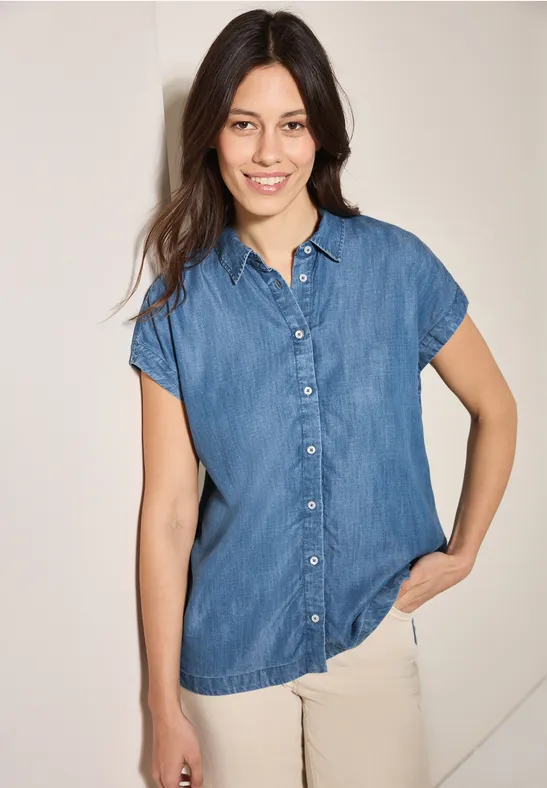 Jeansbluse aus Lyocell mit Kurzen Ärmeln