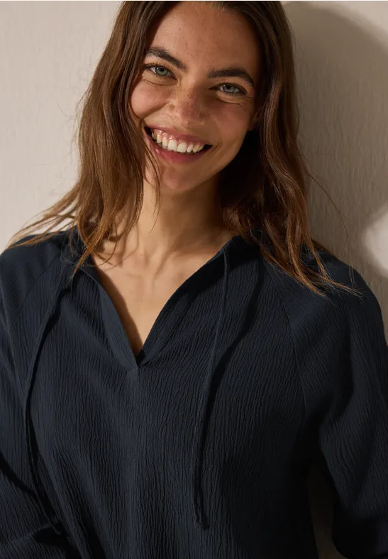 Strukturierte Marine Tunika Bluse mit Bändern