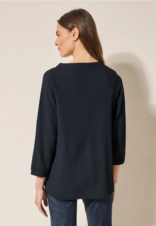 Strukturierte Marine Tunika Bluse mit Bändern