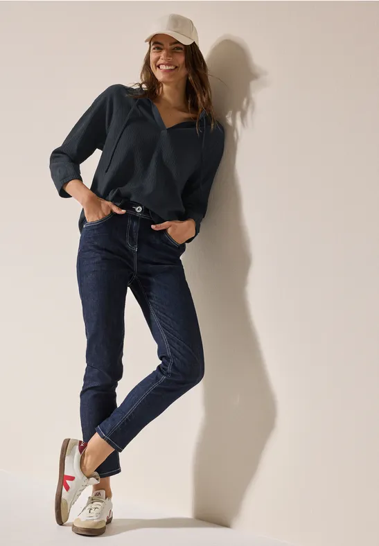 Strukturierte Marine Tunika Bluse mit Bändern