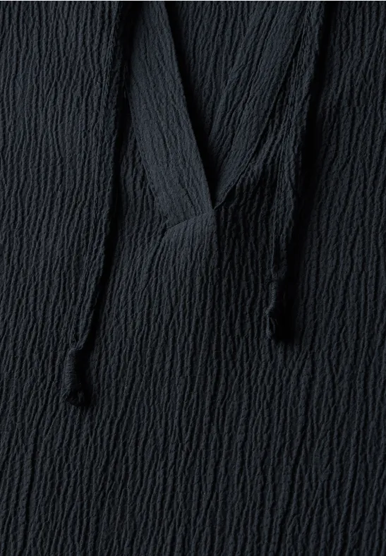 Strukturierte Marine Tunika Bluse mit Bändern