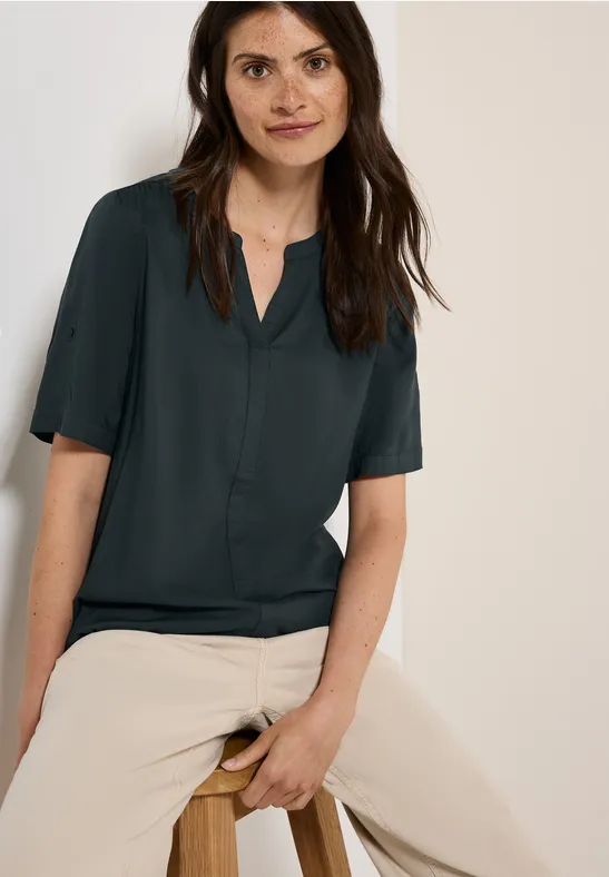 Damen Bluse mit geschlitztem Rundhalsausschnitt