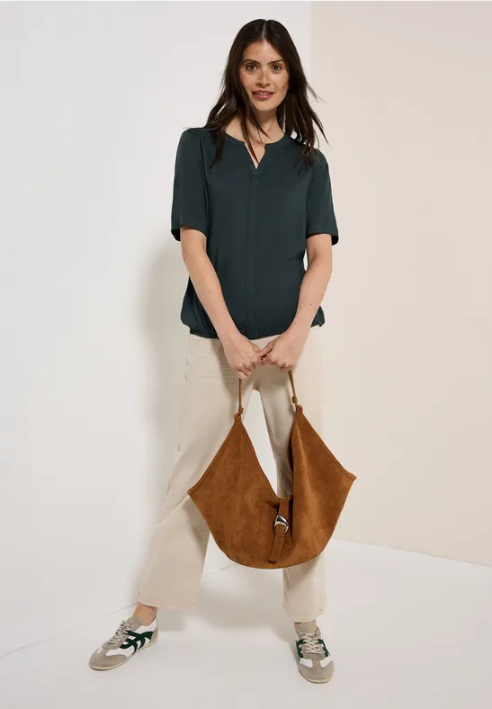 Damen Bluse mit geschlitztem Rundhalsausschnitt