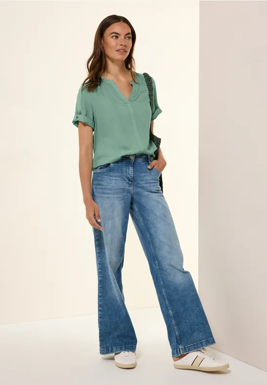 Damen Bluse mit geschlitztem Rundhalsausschnitt