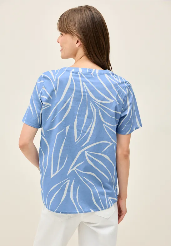 Blaue Baumwollbluse mit Blätterdruck
