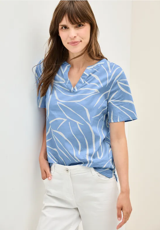 Blaue Baumwollbluse mit Blätterdruck