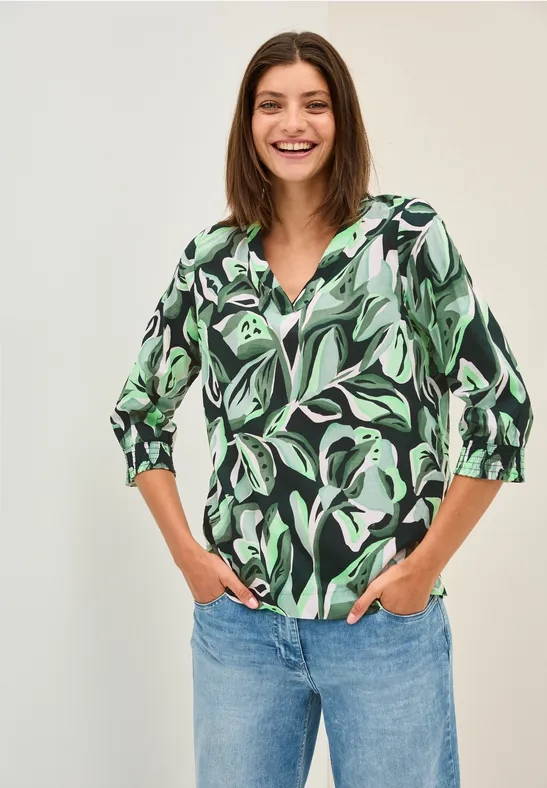 Bluse mit Blattdruck und Dreiviertelärmeln