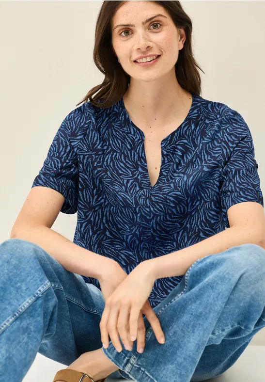 Kurzarm Bluse mit Schlitzhals und Muster