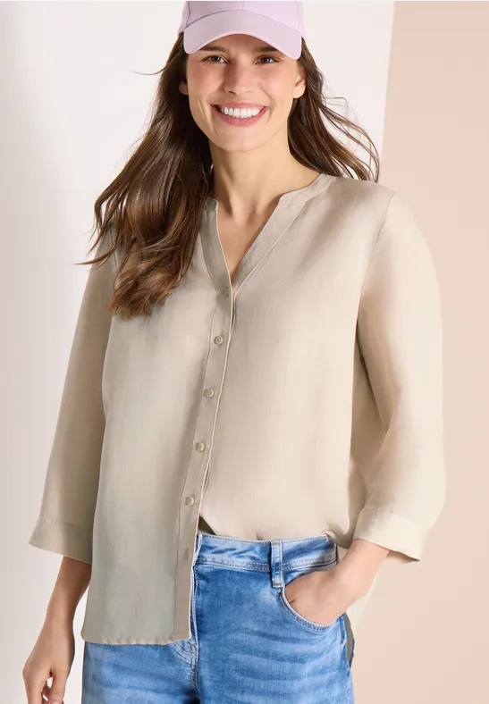 Leinenmischung Tunika Bluse mit Knopfleiste