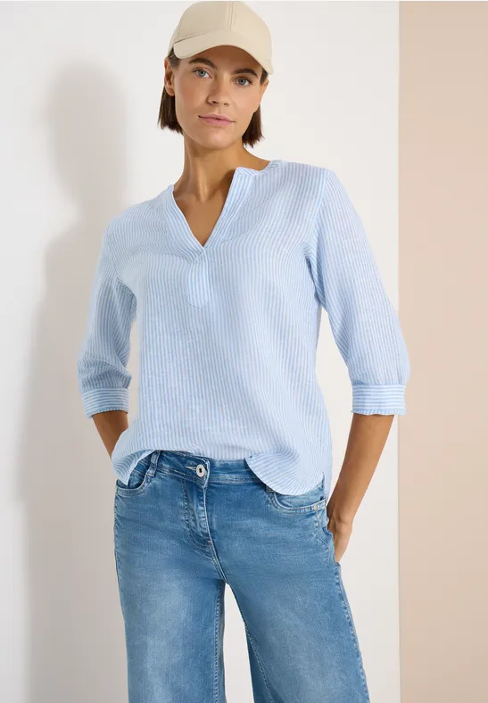 Gestreifte Leinentunika mit Split-Neck