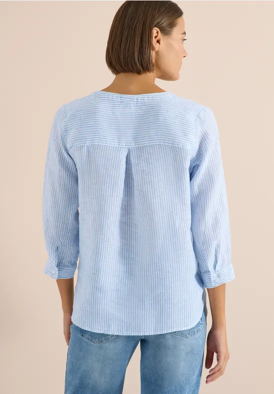 Gestreifte Leinentunika mit Split-Neck