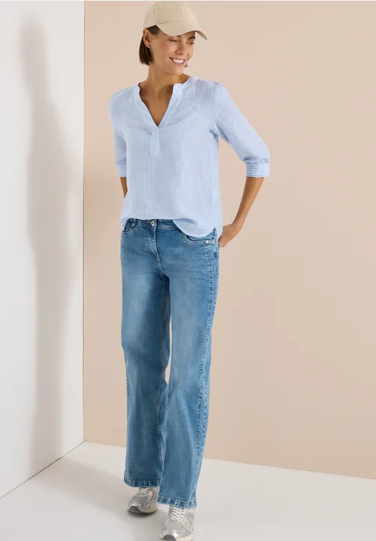 Gestreifte Leinentunika mit Split-Neck