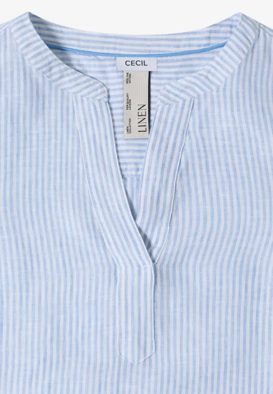 Gestreifte Leinentunika mit Split-Neck