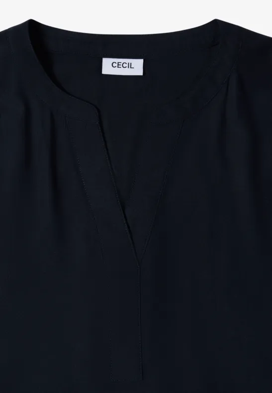 Marineblaue Bluse mit Schlitzkragen und kurzen Ärmeln