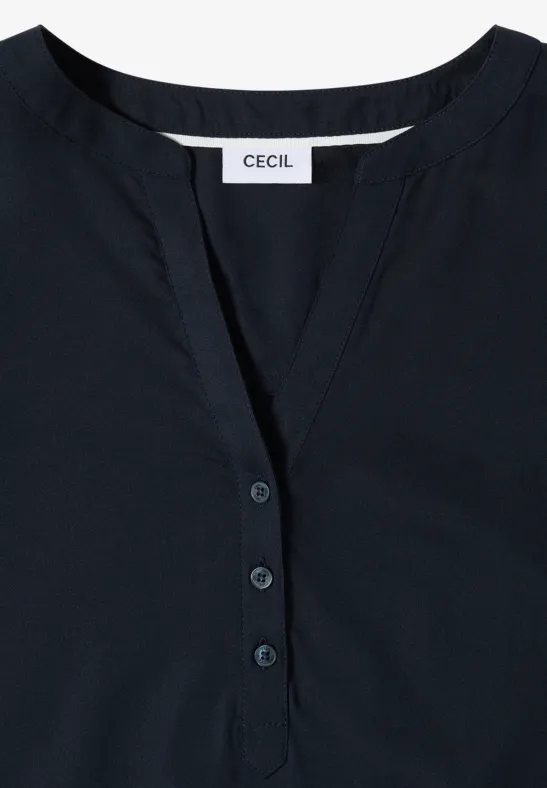 Marineblaue Bluse mit Schlitzkragen und kurzen Ärmeln