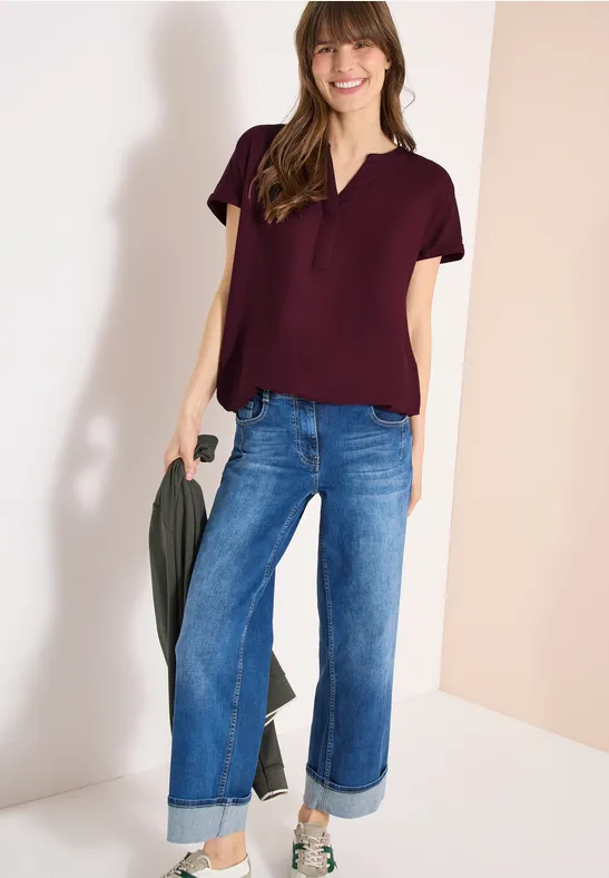 Damen Kurzarm Bluse mit Schlitzkragen
