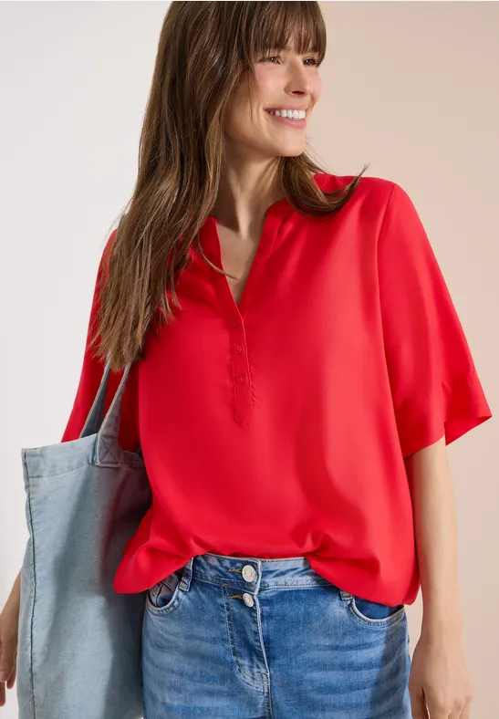 Damen Kurzarm Bluse mit Schlitzkragen