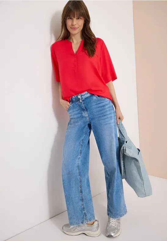 Damen Kurzarm Bluse mit Schlitzkragen