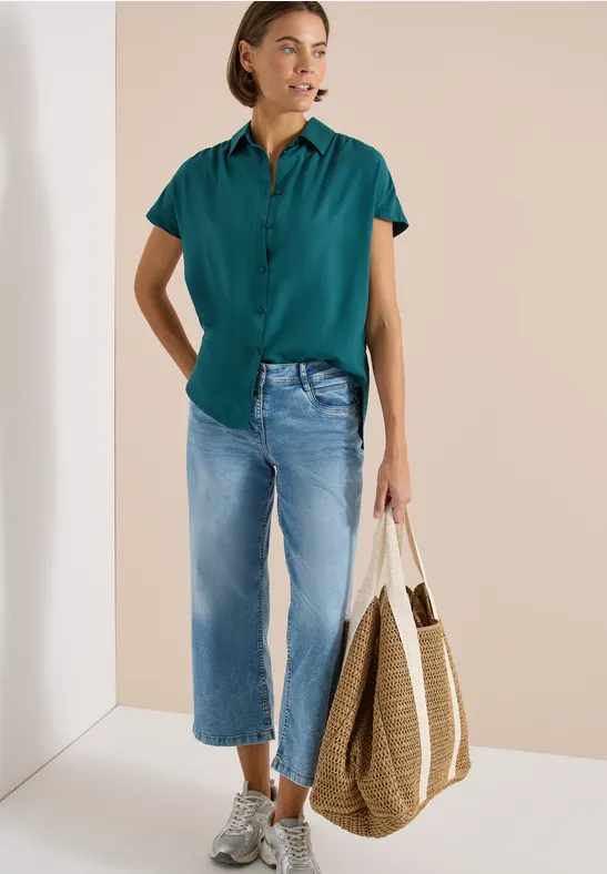 Damen Basic Kurzarm Bluse in Uni
