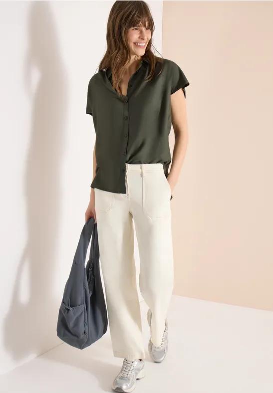 Damen Basic Kurzarm Bluse in Uni