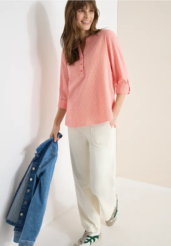 Gestreifte Seersucker Bluse mit Knopfleiste
