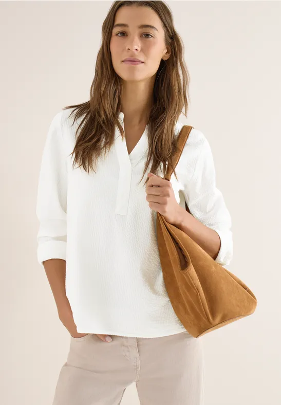 Damen Seersucker Bluse mit Schlitzkragen