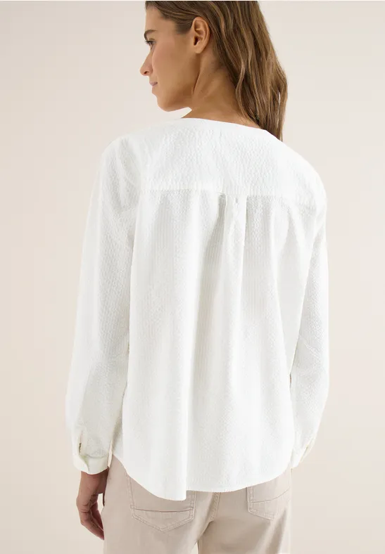 Damen Seersucker Bluse mit Schlitzkragen