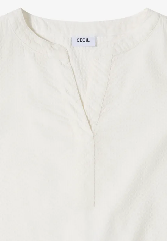 Damen Seersucker Bluse mit Schlitzkragen