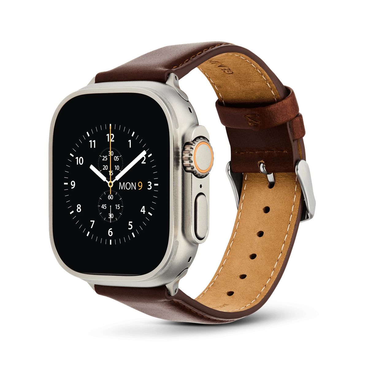 Silberne Smartwatch mit Lederarmband