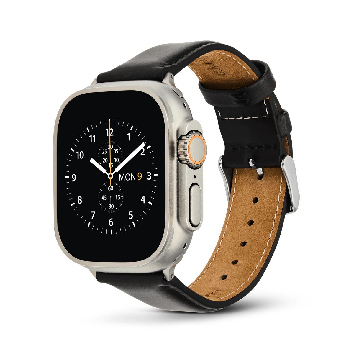 Silberne Smartwatch mit Lederarmband