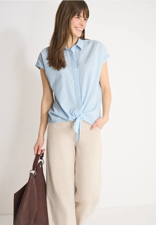 Gestreifte Seersucker Bluse mit Knoten