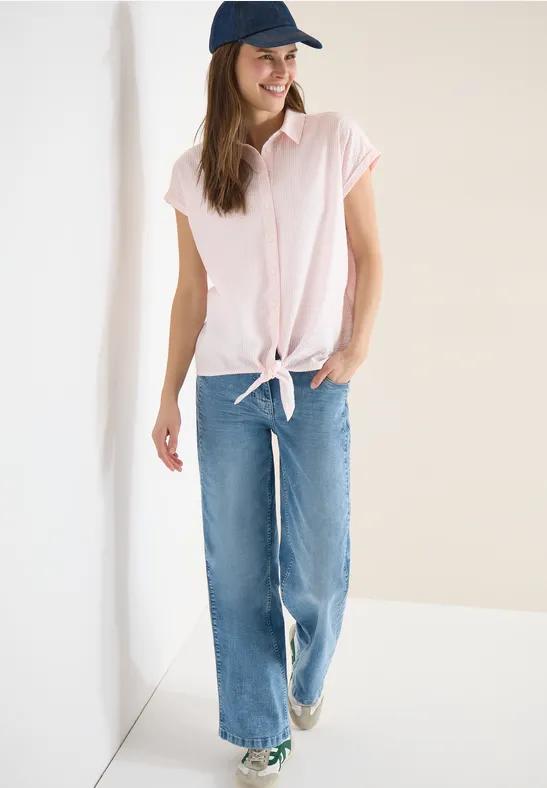 Kurzarm Seersucker Bluse mit Knoten