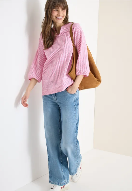 Gestreifte Seersucker 3/4-Arm Bluse