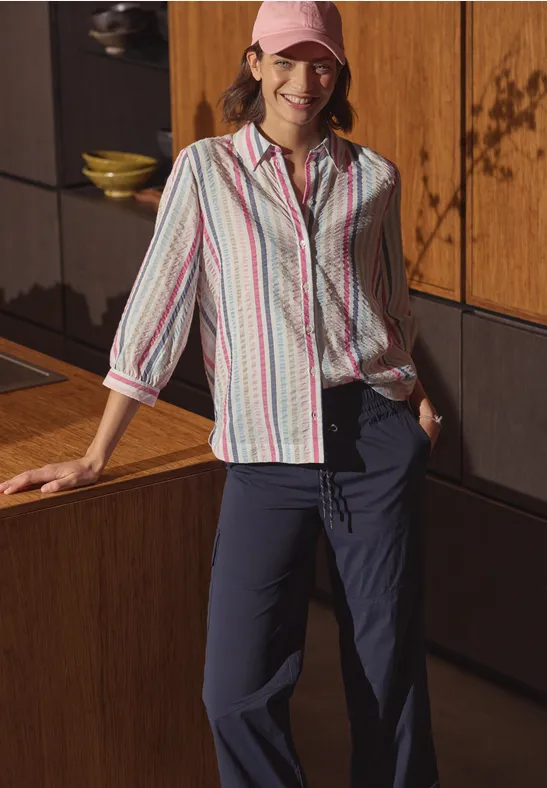 Gestreifte Seersucker 3/4-Arm Bluse