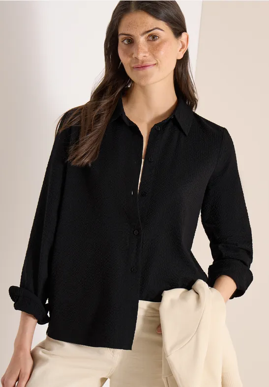 Cecil Damen Seersucker Langarm Bluse mit Knopfleiste in Schwarz, Gr: 3XL