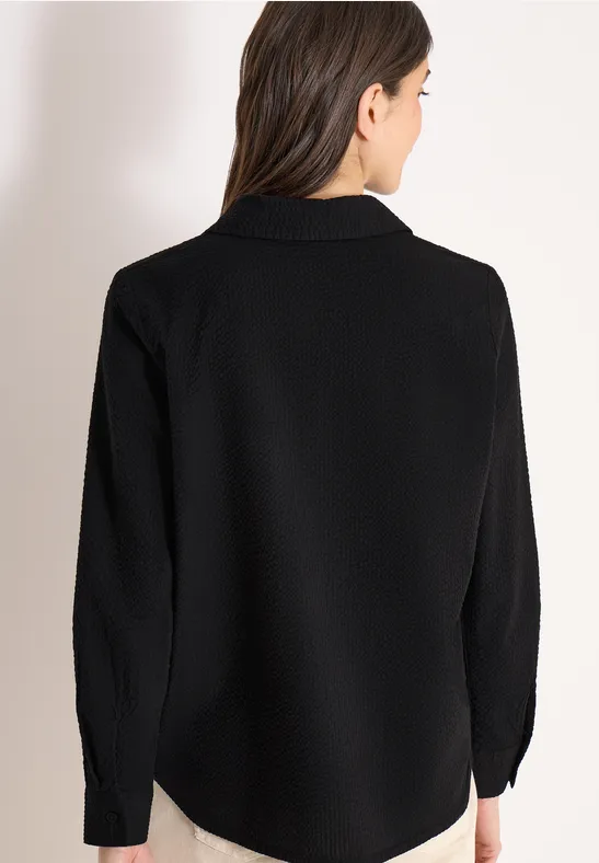 Cecil Damen Seersucker Langarm Bluse mit Knopfleiste in Schwarz, Gr: 3XL