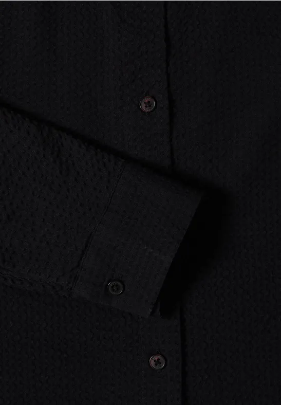 Cecil Damen Seersucker Langarm Bluse mit Knopfleiste in Schwarz, Gr: 3XL