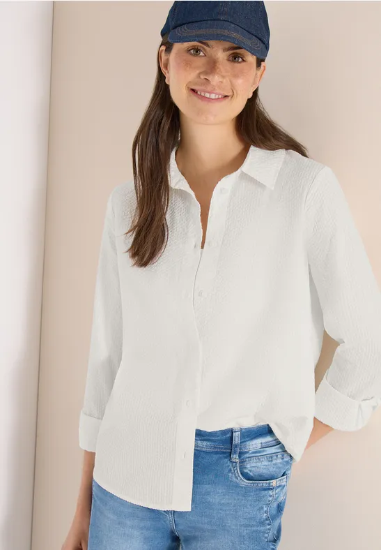 Cecil Damen Seersucker Langarm Bluse mit Knopfleiste in Weiß, Gr: 3XL