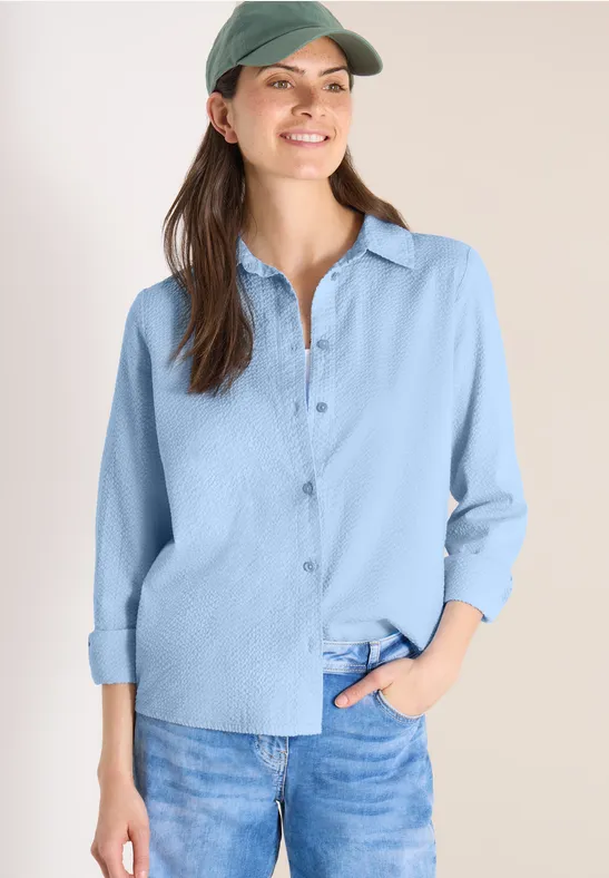 Cecil Damen Seersucker Langarm Bluse mit Knopfleiste in Blau, Gr: 3XL