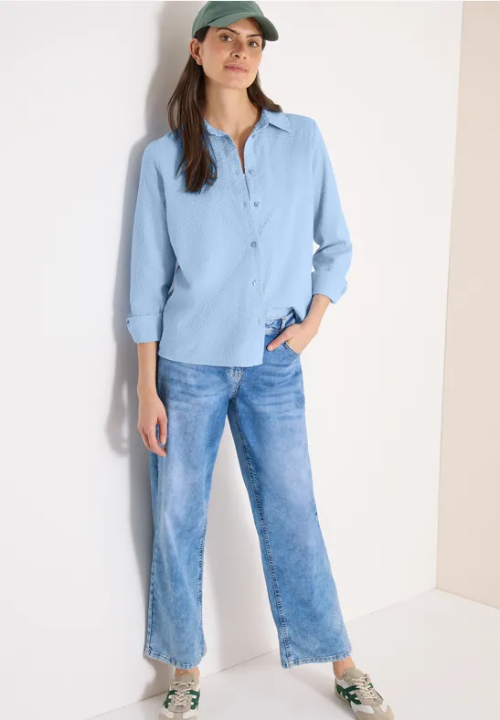 Cecil Damen Seersucker Langarm Bluse mit Knopfleiste in Blau, Gr: 3XL