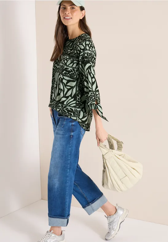 Gemusterte 3/4-Arm Bluse mit Bändern