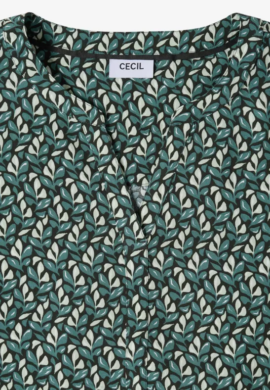 Bluse mit Blätterdruck und Schlitzkragen