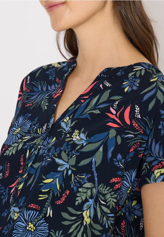 Bluse mit Blumendruck und Schlitzkragen