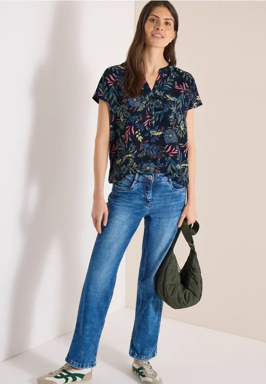 Bluse mit Blumendruck und Schlitzkragen