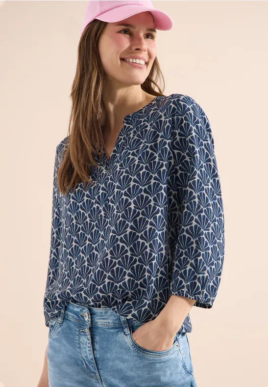 Cecil Damen Gemusterte 3/4-Arm Bluse in Blau, Gr: L