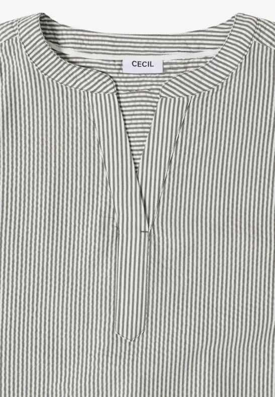 Gestreifte Seersucker Bluse mit Schlitzkragen