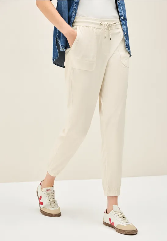 Beige Gestreifte Cargohose mit Kordelzug