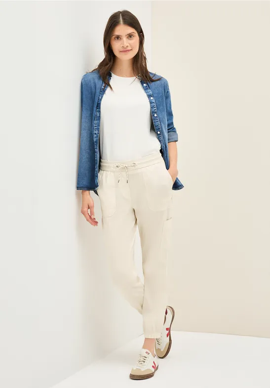 Beige Gestreifte Cargohose mit Kordelzug